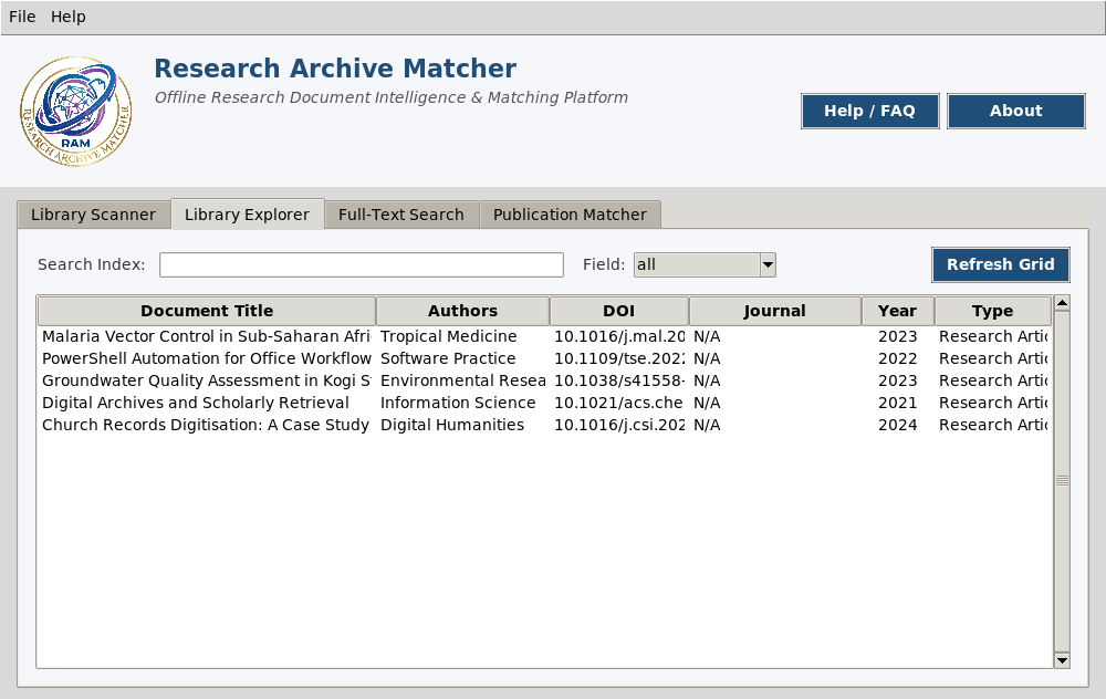 RAM Library Explorer tab listing indexed documents with metadata