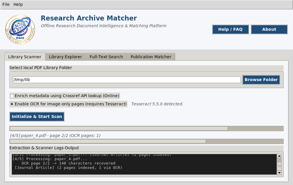 RAM Library Scanner tab, scanning a folder of PDFs with OCR enabled