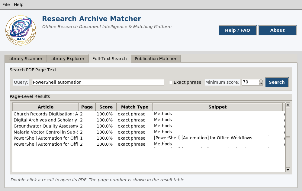 RAM Full-Text Search tab showing page-level results with scores and snippets